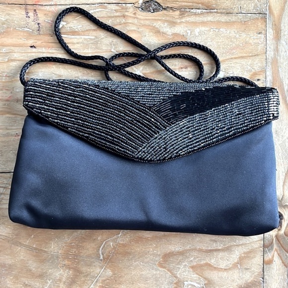 VINTAGE Delill Black Beaded Satin Envelope Clutch Evening Purse - Picture 6 of 11